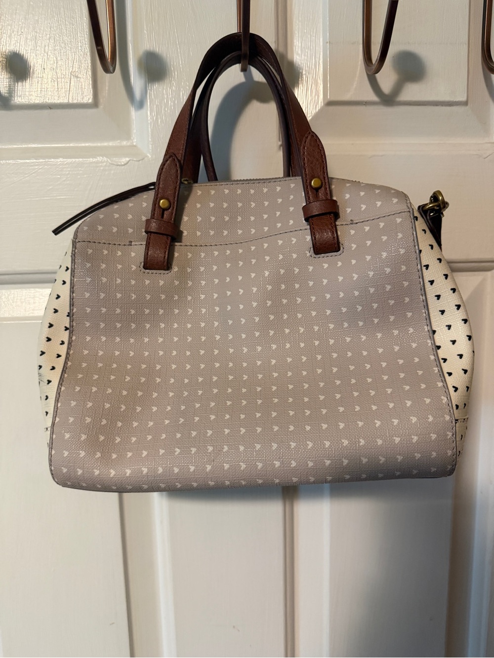 Fossil Gray and White Heart-Print Satchel with Brown Handles